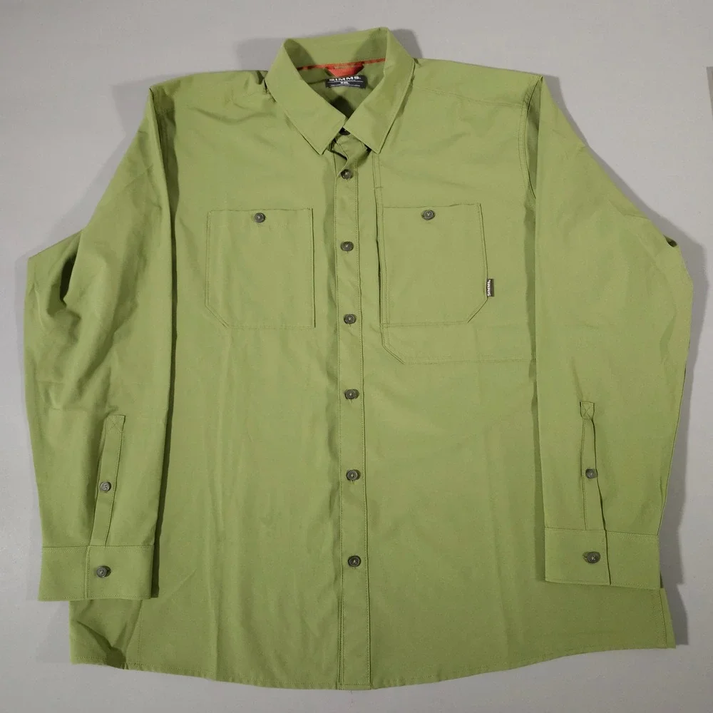 Simms Fishing Shirt Mens XXL Green Long Sleeve Button Up‎ Polyester Pockets